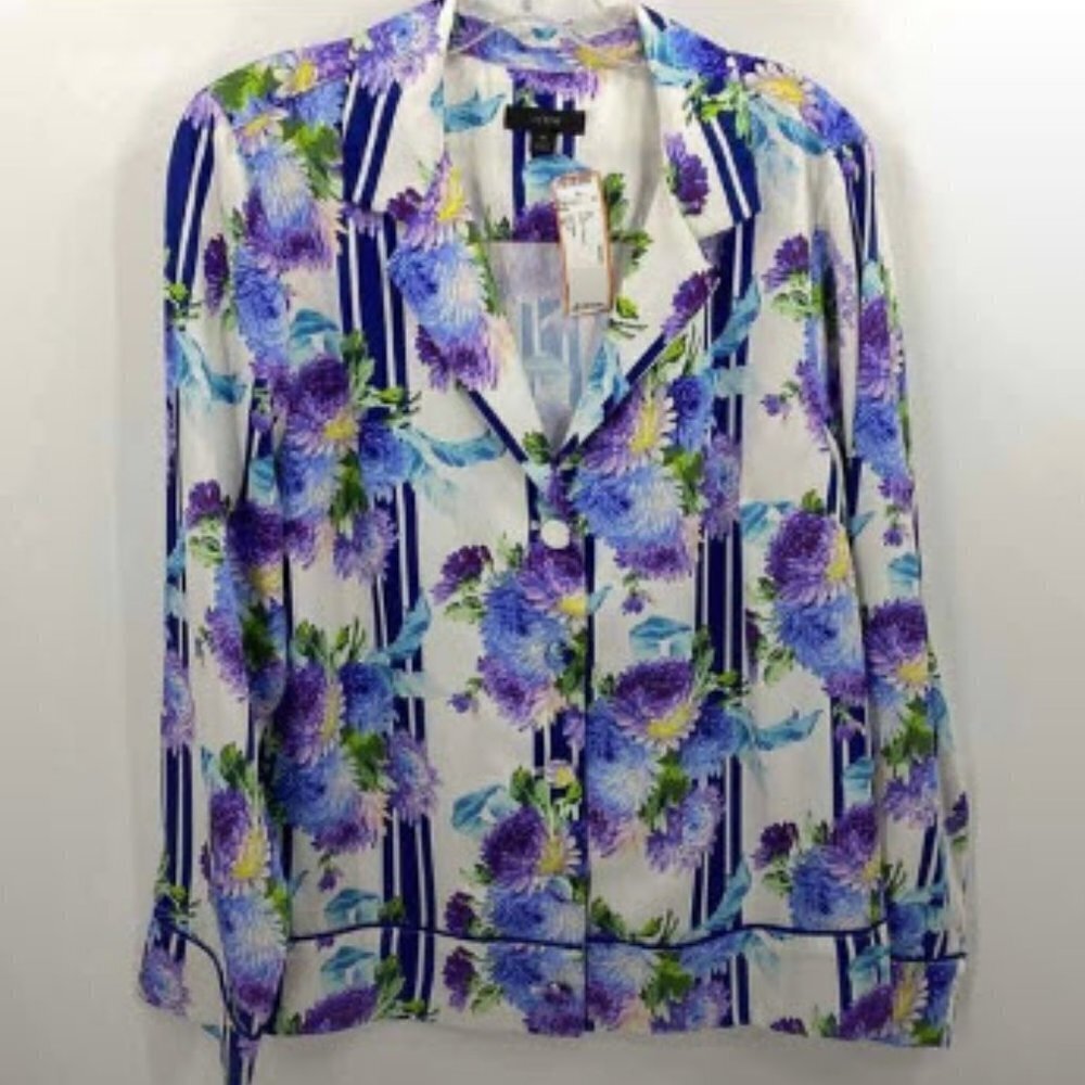 J. Crew White Floral Button-Down Shirt with Purple & Blue Flowers